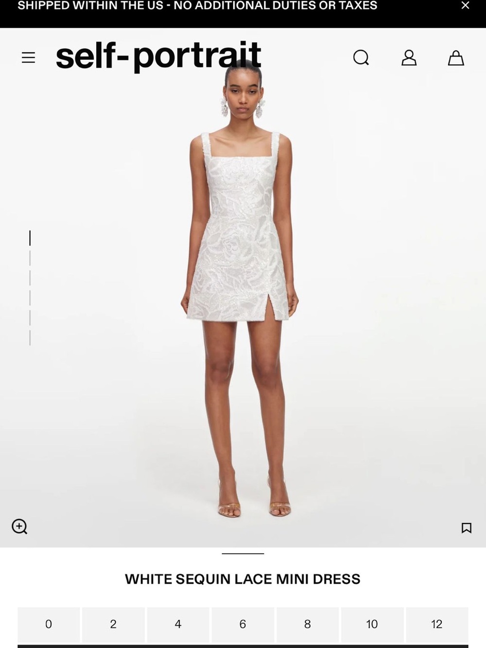 Self-Portrait White Sequin Lace Square-Neck Mini Dress with Front Slit